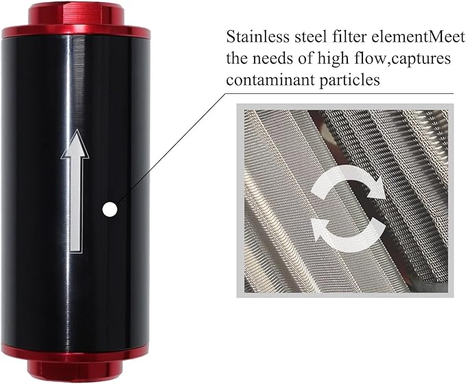 Inline Fuel Filter 100 Micron with 6AN 8AN 10AN Fuel Filter Adapter Universal 50MM, 1 set Inline fuel filter Red