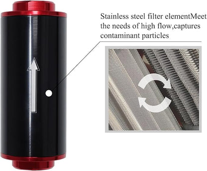 Inline Fuel Filter 100 Micron with 6AN 8AN 10AN Fuel Filter Adapter Universal 50MM, 1 set Inline fuel filter Red