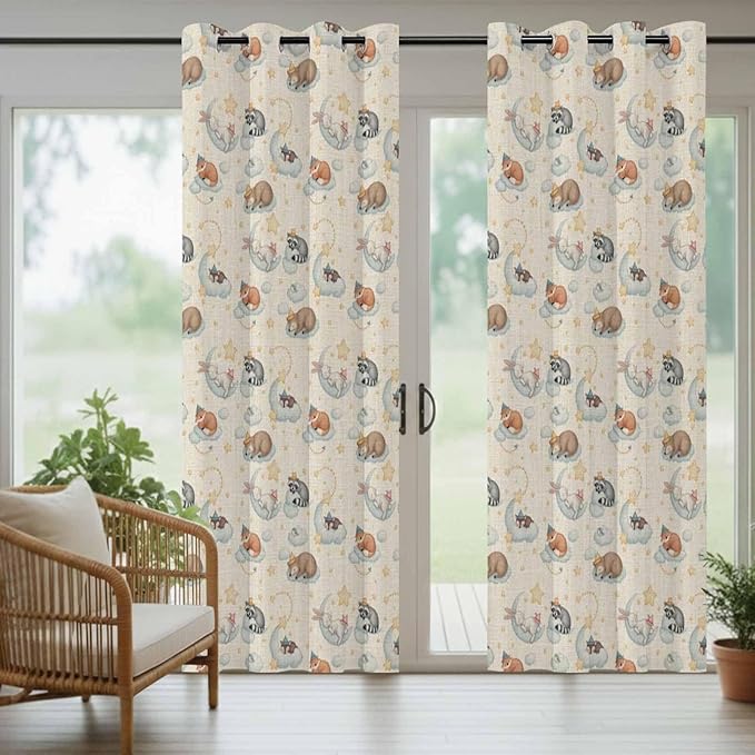 Cartoon Animals Outdoor Curtains for Patio Raccoons Rabbits Moon Linen Texture Waterproof Outside Curtains with Grommet Top Weatherproof Curtain for Cabana Pergola Gazebo, 2 Pack, 54" W x 95" L