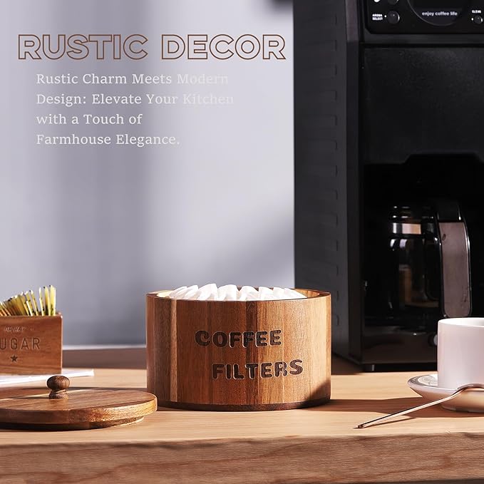 Acacia Wood Coffee Filter Holder and Storage - Round Container for Coffee Bar Organizer, Rustic Dispenser Basket
