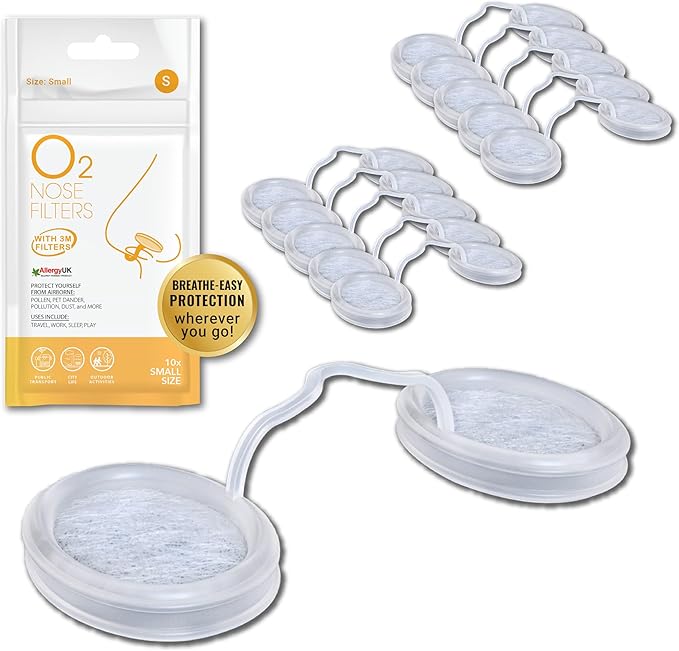 O2 Nose Filters with 3M Filtration - Nasal Screens for Allergies, Dust & Smoke - Drug-Free & Latex-Free Nose Filters - Invisible Allergy Protection (Small x 10)