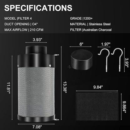 ATOUR 4 Inch Air Carbon Filter with Australian Virgin Charcoal – Odor Control. Built-in 5.5" Quiet Fan with Speed Control, for Inline Duct Fans & Grow Tents. Includes Vent Cover + Pre-Filter 4"x13.4"