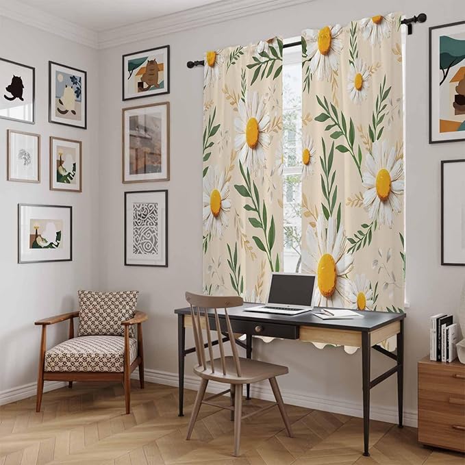 Spring Daisy Kitchen Curtains, Country Watercolor Flower Leaf Plant Light Filtering Window Curtain Panels, 2Pcs Rod Pocket Window Treatments Set for Living Room Bathroom Bedroom 52x72 Inches