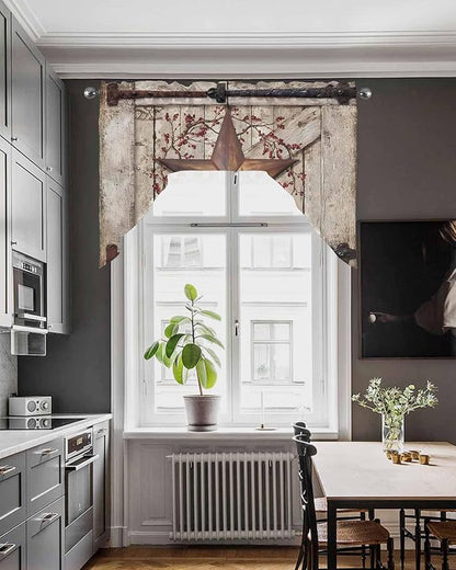 Country Star Swag Kitchen Curtains Valance and Tier Set, VintageRust Yellow Star Berry Beige Barn Gate Light-Filtering Swag Valance, Rod Pocket Short Curtain for Bedroom Cafe, 56x36 inches