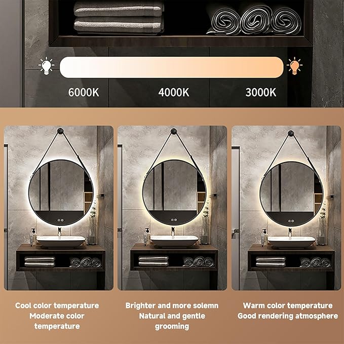 JSLJDM 500X500 mm Illuminated Backlit LED Bathroom Mirror, Wall Mounted Multifunction Bathroom Vanity Mirror with Lights and Demister Pad, Energy-Saving Illuminated Smart Mirror 50cm/19.8in Gold