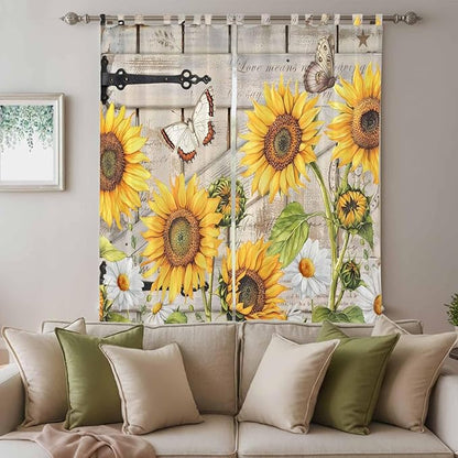Farm Flowers Living Room Curtains 84 Inch Length, Window Curtains Tab Top, Retro Sunflowers Barn Doors Butterfly Wood Board Light Filtering Window Treatments Drapes 52"x84" 2 Panel