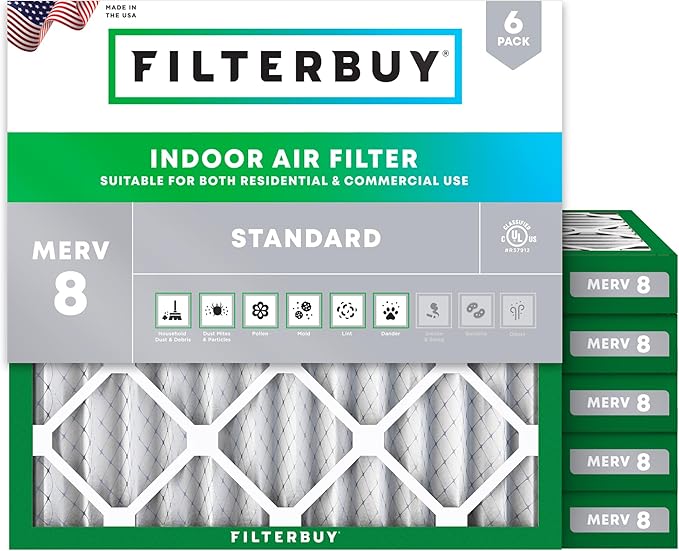 Filterbuy 10x10x2 Air Filter MERV 8 Essential Dust & Allergy Defense (6-Pack), Electrostatic Pleated HVAC AC Furnace Filters Replacement, Made in USA (Actual Size: 9.50 x 9.50 x 1.75)