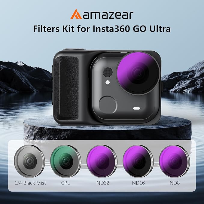AMAZEAR Filters Set for Insta360 GO Ultra, Insta 360 Pro Accessories Neutral Density & Polarizer Optical Glass Lens Filter Kit (CPL + ND8 + ND16 + ND32 + 1/4 Black Pro-Mist)