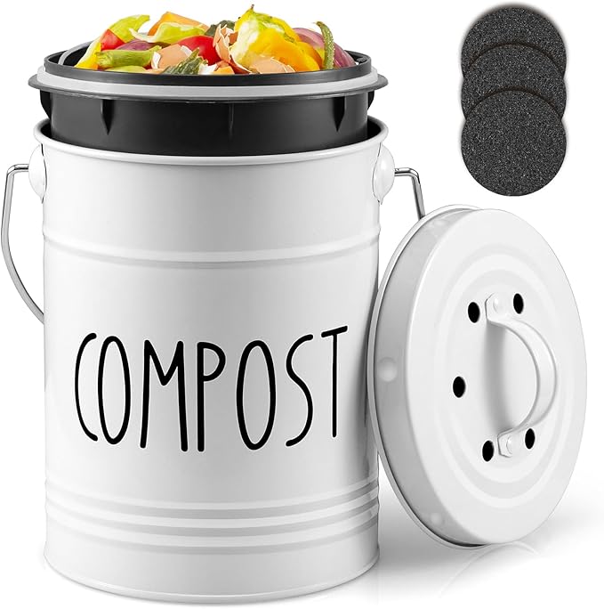Kitchen Compost Bin, 1 Gallon Countertop Compost Bin with Lid, Indoor Compost Bucket, Includes Inner Bucket Liner and Carbon Filters, White