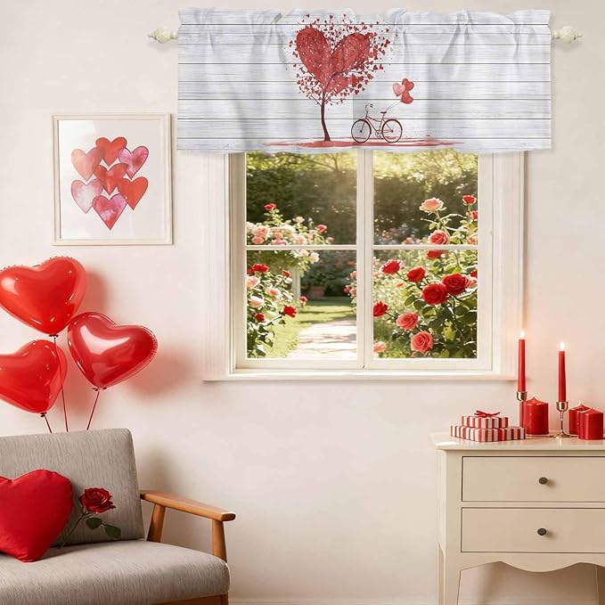 Valentine's Day Valance Curtains for Kitchen, Red Love Trees Bicycles Balloons Wood Grain Privacy Rod Pocket Valance Curtain, Light-Filtering Window Treatment for Bedroom Bathroom, 60"x18"