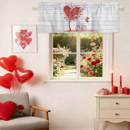 Valentine's Day Valance Curtains for Kitchen, Red Love Trees Bicycles Balloons Wood Grain Privacy Rod Pocket Valance Curtain, Light-Filtering Window Treatment for Bedroom Bathroom, 60"x18"
