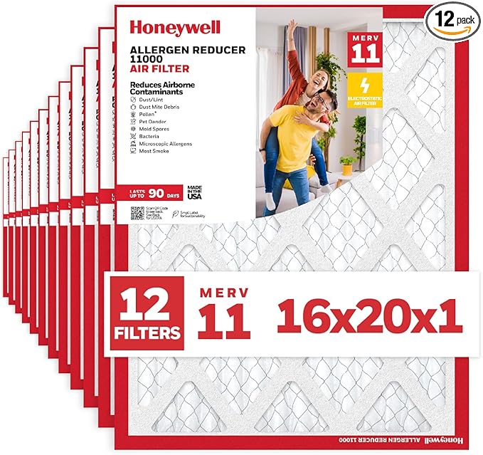 Honeywell 16x20x1 MERV 11 Allergen Reducer 11000 Electrostatic Pleated HVAC AC Furnace Air Filter (12-Pack) | Replacement Filter for Home Use | Made in USA