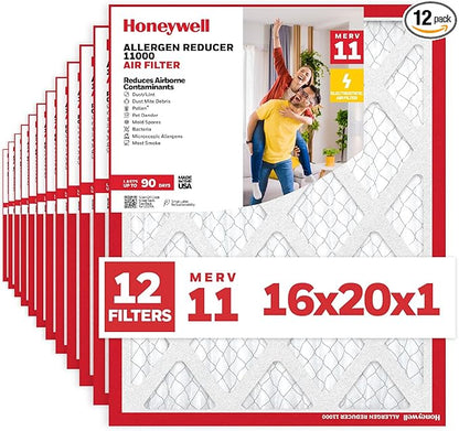 Honeywell 16x20x1 MERV 11 Allergen Reducer 11000 Electrostatic Pleated HVAC AC Furnace Air Filter (12-Pack) | Replacement Filter for Home Use | Made in USA