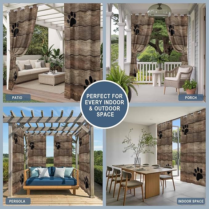 Wood Grain Outdoor Curtains for Patio Claws Animals Wooden Brown Vintage Waterproof Outside Curtains with Grommet Top Weatherproof Curtain for Cabana Pergola Gazebo, 2 Pack, 54" W x 84" L