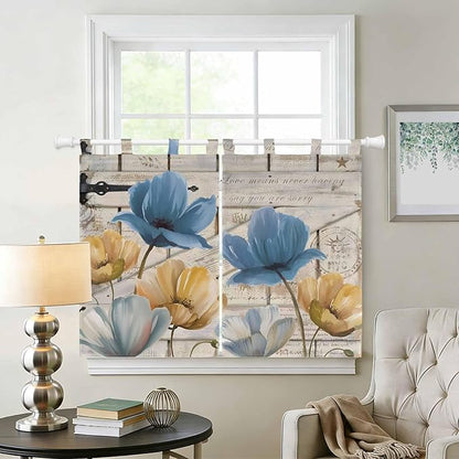 Blue Yellow Tulips Bedroom Curtains 63 Inch Length, Window Curtains Tab Top, Retro Farmhouse Flower Barn Doors Wooden Light Filtering Window Treatments Drapes 42"x63" 2 Panel