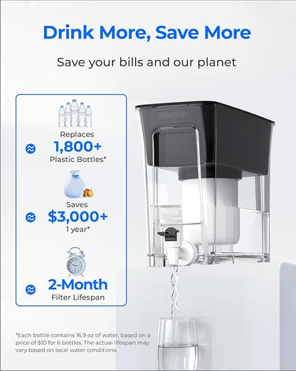 Waterdrop TDS Reduction Water Filter Pitcher, 6-Stage Advanced Filtration, Reduces TDS, Chlorine, PFOA/PFOS and More for Healthier, Lasts Up to 2 Months, 35-Cup, Long-Life Dispenser (with 1 Filter)