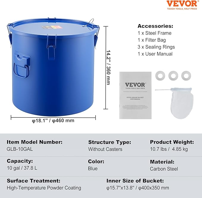 VEVOR Fryer Grease Bucket, 8 Gal Oil Disposal Caddy Carbon Steel Fryer Oil Bucket with Rust-Proof Coating, Oil Transport Container with Lid, Lock Clips, Filter Bag for Hot Cooking Oil Filtering