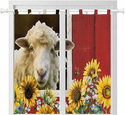 Sheep Flowers Bedroom Curtains 72 Inch Length, Window Curtains Tab Top, Country Red Barn Botanical Sunflowers Light Filtering Window Treatments Drapes 52"x72" 2 Panel
