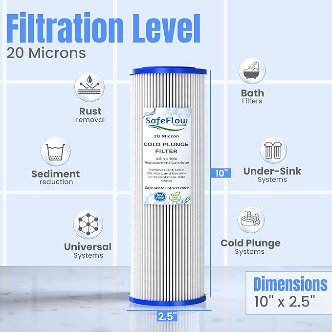 10in Ice Bath Chiller Filters 20 Micron 10" x 2.5" Water Filter Replacement Cartridge – Fits Ice Pod Cold Plunge Water Chiller, Cold Plunge Filters, Water Filter for Cold Plunge