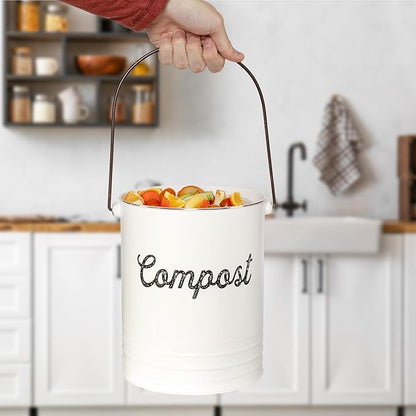 AuldHome Design Kitchen Compost Bin for Countertop | 1.3 Gallon Composting Bucket with Lid | Includes 3 Charcoal Filters | (White Enamel)