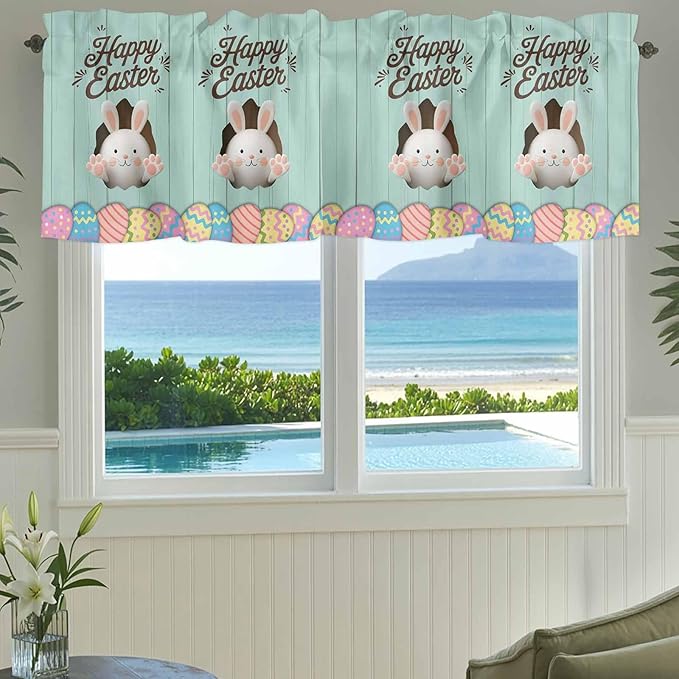Green Easter Curtain Valances for Windows, Kitchen Valance Window Treatment, Spring Cartoon Bunny Colorful Eggs Wood Grain Light Filtering Block Curtains for Bathroom/Bedroom/Living Room 42'' x 18''