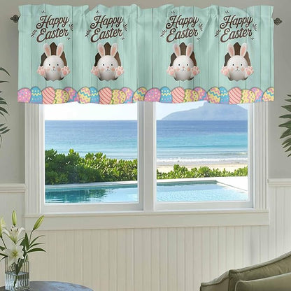 Green Easter Curtain Valances for Windows, Kitchen Valance Window Treatment, Spring Cartoon Bunny Colorful Eggs Wood Grain Light Filtering Block Curtains for Bathroom/Bedroom/Living Room 42'' x 18''