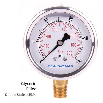MEASUREMAN Pressure Gauge 1/4 NPT, 0-100psi/kPa Glycerin Filled Pressure Gauge with 2.5 Inch Dial Size and 304 Stainless Steel Case (0-100 psi, Lower Mount)