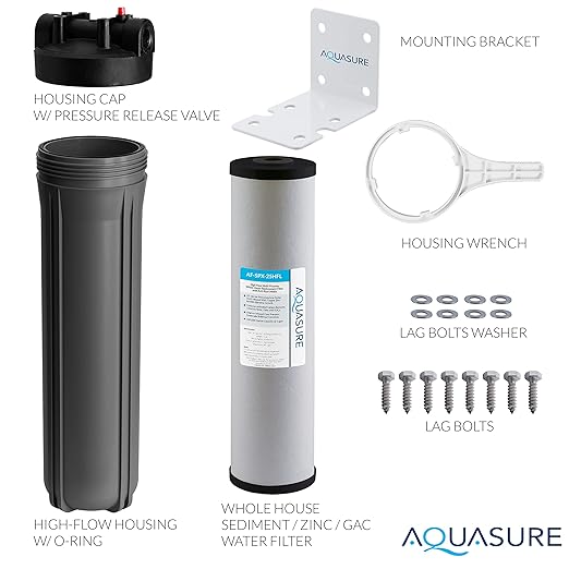 Aquasure Fortitude V2 Series Whole House Multi-Purpose Sediment/Carbon/Siliphos Anti-Rust, Bacteria & Scale Inhibiting Water Filter System, Large Size | Reduces Chlorine, Taste & More (AS-FL-25SPX)