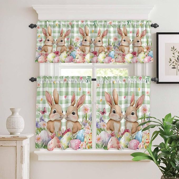 Easter Kitchen Curtains Set 3 Piece for Windows, Rod Pocket Valance and Tier Set 36 Inch Length, Spring Rabbit Eggs Flower Butterfly Green Plaid Light Filtering Cafe Curtains for Living Room Bathroom