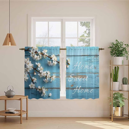 Farmhouse Wooden Grain Kitchen Curtains, Vintage Shabby Chic Flower Blue Light Filtering Window Curtain Panels, 2Pcs Rod Pocket Window Treatments Set for Cabin Bathroom Bedroom 52x45 Inches