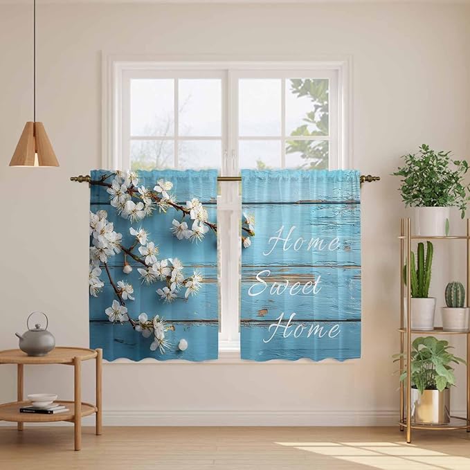 Farmhouse Wooden Grain Kitchen Curtains, Vintage Shabby Chic Flower Blue Light Filtering Window Curtain Panels, 2Pcs Rod Pocket Window Treatments Set for RV Dining Room Study Room 42x45 Inches