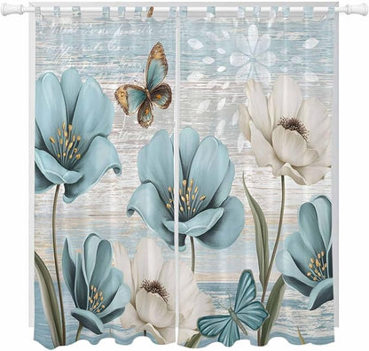 Spring Floral Living Room Curtains 84 Inch Length, Window Curtains Tab Top, Vintage Tulips Flower Butterfly Retro Wood Blue Light Filtering Window Treatments Drapes 52"x84" 2 Panel
