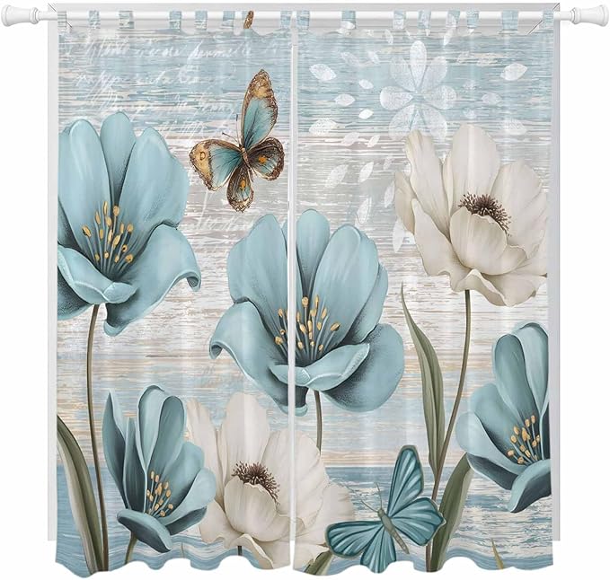 Spring Floral Living Room Curtains 96 Inch Length, Window Curtains Tab Top, Vintage Tulips Flower Butterfly Retro Wood Blue Light Filtering Window Treatments Drapes 52"x96" 2 Panel