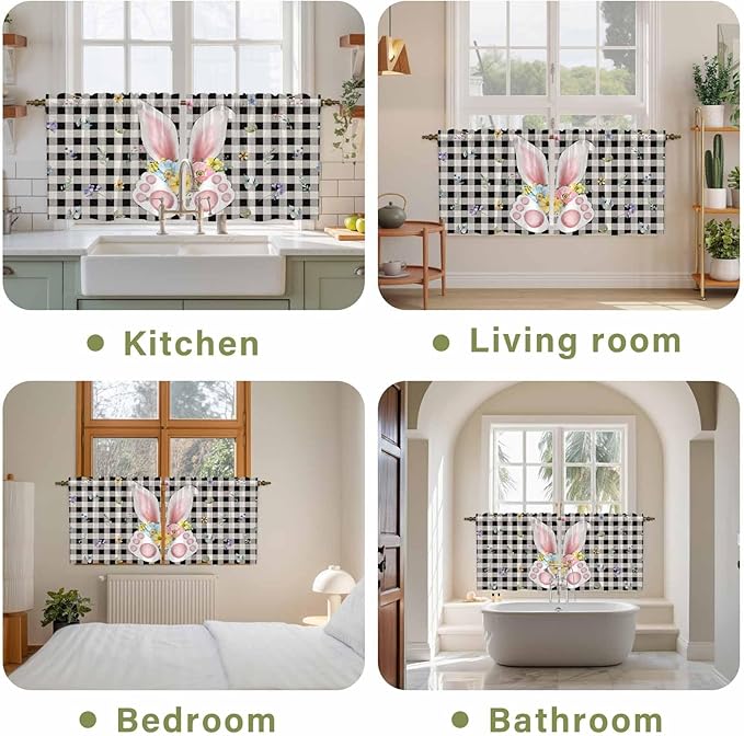 Easter Kitchen Tier Curtains 24 Inch Long 2 Panel Set,Rod Pocket Cafe Small Window Curtains Over Sink,Spring Rabbits Ears Feet Wildflowers Black Plaid Light Filtering Short Drapes 27.5"W x 24"L