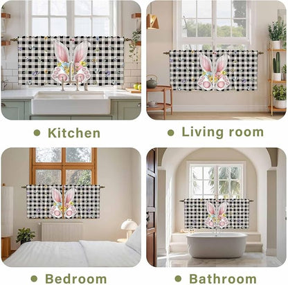 Easter Kitchen Tier Curtains 36 Inch Long 2 Panel Set,Rod Pocket Half Window Curtains Over Sink,Spring Rabbits Ears Feet Wildflowers Black Plaid Light Filtering Short Drapes Cafe 27.5"W x 36"L