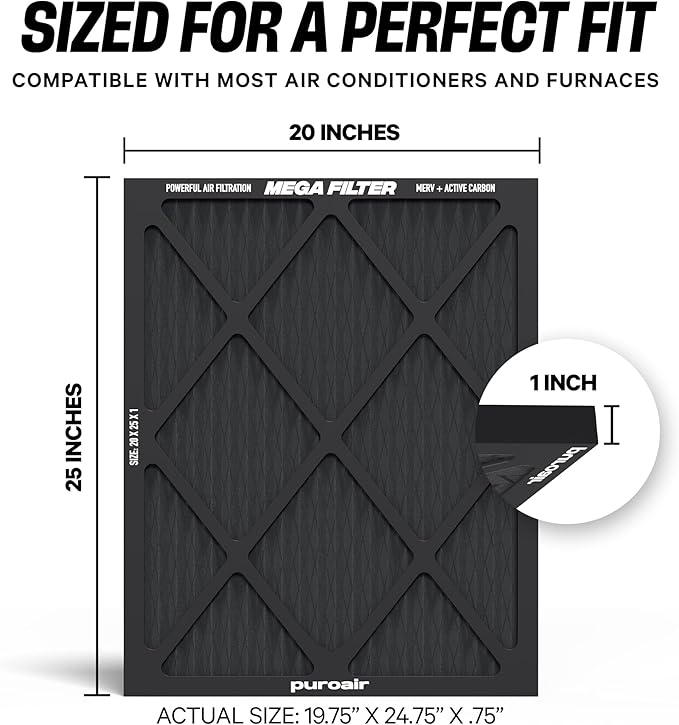 PuroAir MegaFilter - 20x25x1 Air Filter MERV 13 Activated CarbonTech Defense - Heavy Duty 3 Layer Furnace Filters Allergens, Pollen, Dust, Pet Dander, Smoke, Odors - HVAC Air Filter 20x25x1 (2-Pack)