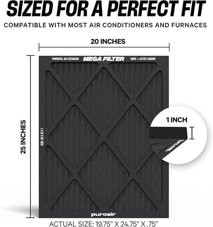 PuroAir MegaFilter - 20x25x1 Air Filter MERV 13 Activated CarbonTech Defense - Heavy Duty 3 Layer Furnace Filters Allergens, Pollen, Dust, Pet Dander, Smoke, Odors - HVAC Air Filter 20x25x1 (2-Pack)