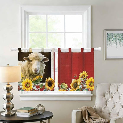 Sheep Flowers Kitchen Curtains 24 Inch Length, Small Window Curtains Tab Top, Country Red Barn Botanical Sunflowers Light Filtering Short Window Treatments Tier Drapes 27.5"x24" 2 Panel