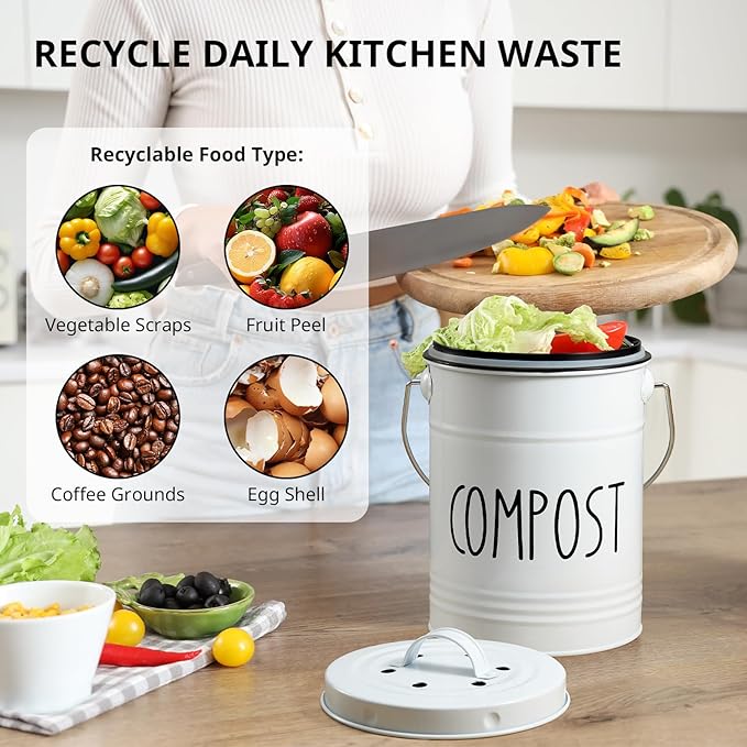 Kitchen Compost Bin, 1 Gallon Countertop Compost Bin with Lid, Indoor Compost Bucket, Includes Inner Bucket Liner and Carbon Filters, White