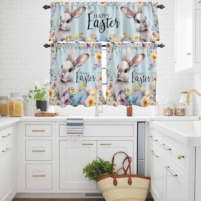 Happy Easter Kitchen Curtains Set 3 Piece for Windows,Rod Pocket Valance and Tier Set 24 Inch Length,Spring Grey Bunny Colorful Eggs Flower Blue Light Filtering Cafe Curtains for Living Room