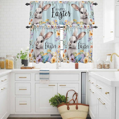Happy Easter Kitchen Curtains Set 3 Piece for Windows,Rod Pocket Valance and Tier Set 24 Inch Length,Spring Grey Bunny Colorful Eggs Flower Blue Light Filtering Cafe Curtains for Living Room