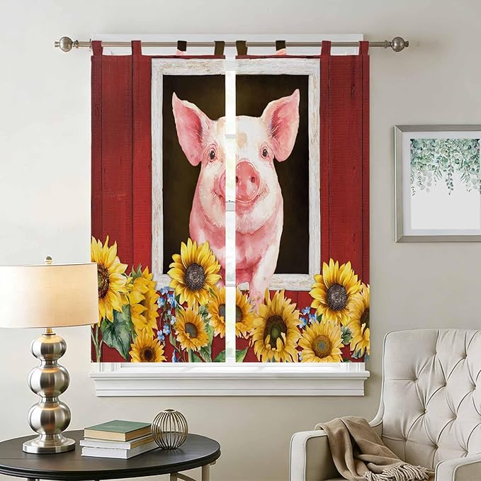 Pigs Sunflowers Living Room Curtains 84 Inch Length, Window Curtains Tab Top, Farmhouse Red Barn Flowers Animals Light Filtering Window Treatments Drapes 42"x84" 2 Panel