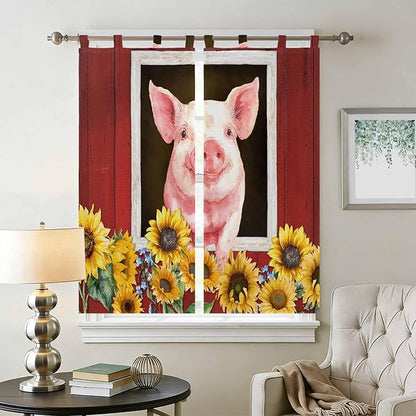 Pigs Sunflowers Living Room Curtains 84 Inch Length, Window Curtains Tab Top, Farmhouse Red Barn Flowers Animals Light Filtering Window Treatments Drapes 42"x84" 2 Panel