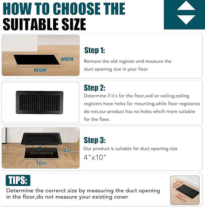 VOISEN Floor Register 4x10, 2 Pack Black Floor Vent Covers,Heavy Duty Steel Walkable Floor Vents,Vent Covers for Home Floor