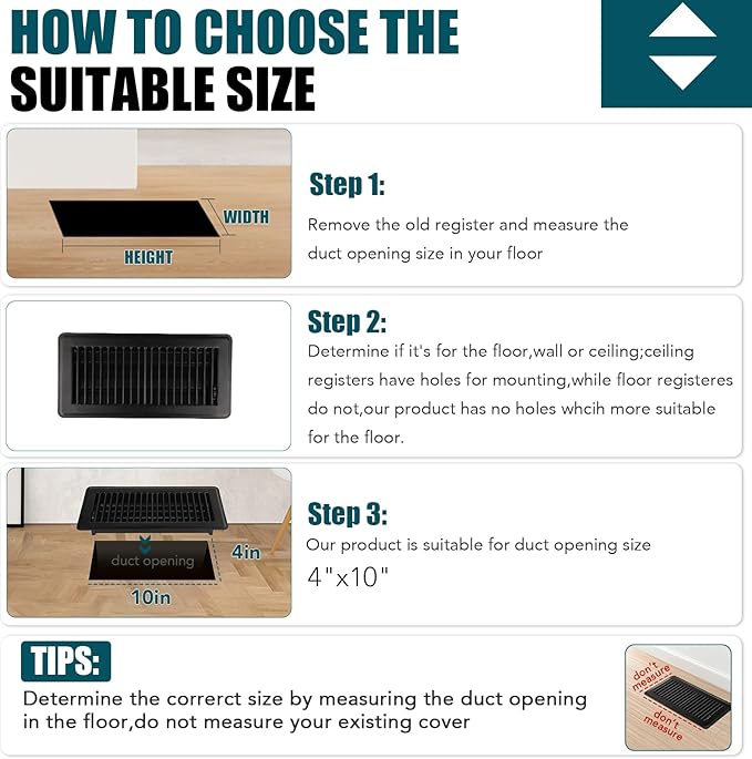 VOISEN Floor Register 4x10, 6 Pack Black Floor Vent Covers, Heavy Duty Steel Walkable Floor Vents,Vent Covers for Home Floor