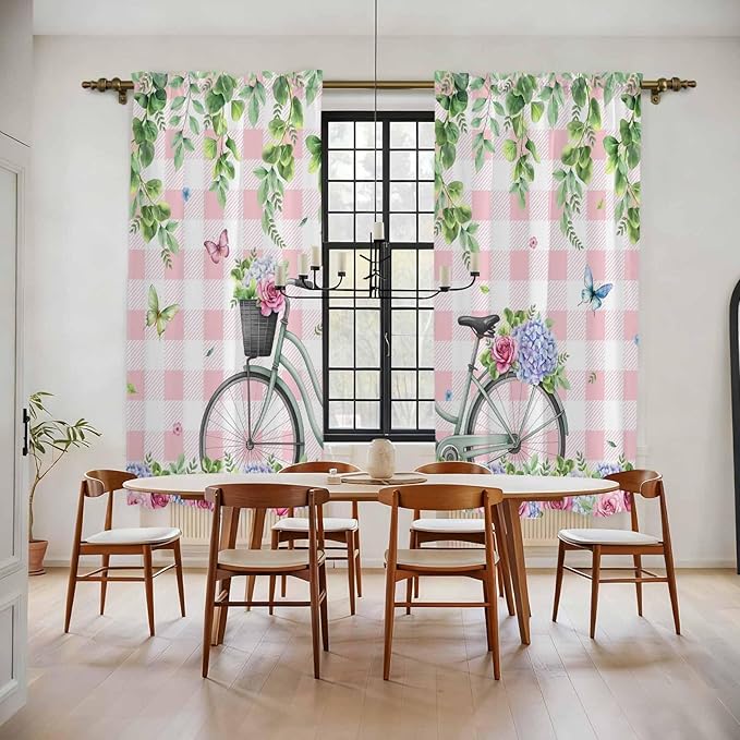 Spring Kitchen Curtains, Bicycles Leaves Butterfly Flowers Pink Buffalo Plaid Light Filtering Window Curtain Panels, 2Pcs Rod Pocket Window Treatments Set for Living Room Bathroom Bedroom 52x72 Inches