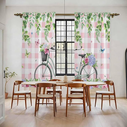 Spring Kitchen Curtains, Bicycles Leaves Butterfly Flowers Pink Buffalo Plaid Light Filtering Window Curtain Panels, 2Pcs Rod Pocket Window Treatments Set for Living Room Bathroom Bedroom 52x72 Inches