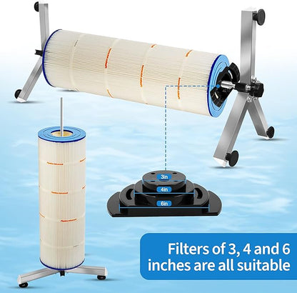 Pool Filter Cleaning System and Cleaner Stand Solid Aluminum Shaft- Compatible with 3，4，and 6 Inch Filter Cartridges，Dual Use Stand Design for Vertical & Horizontal