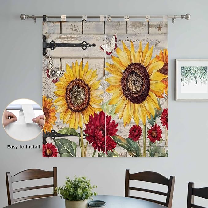 Red Yellow Sunflowers Bathroom Curtains 63 Inch Length, Window Curtains Tab Top, Retro Rustic Barn Doors Butterfly Brown Light Filtering Window Treatments Drapes 52"x63" 2 Panel