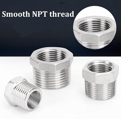 2 Pcs 304 Stainless Steel Reducer Hex Bushing, 3/8" Male NPT to 1/4" Female NPT（ 3/8"MNPT - 1/4"FNPT） Pipe Fitting Hex Bushing, Heavy Duty Pipe Fitting Reducer Adapter (3/8" - 1/4")